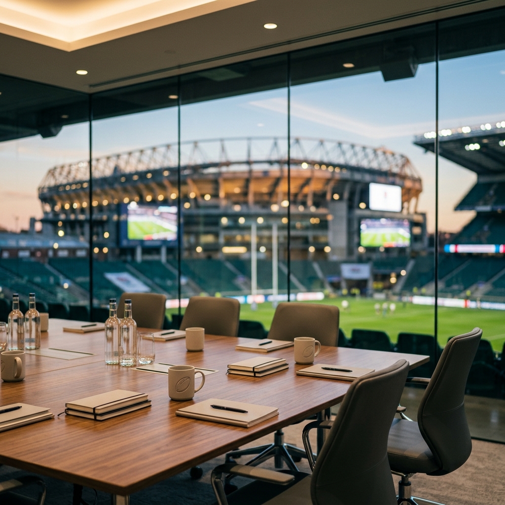 Zarząd na eleganckiej, przeszklonej sali konferencyjnej z widokiem na stadion z murawą Rugby League